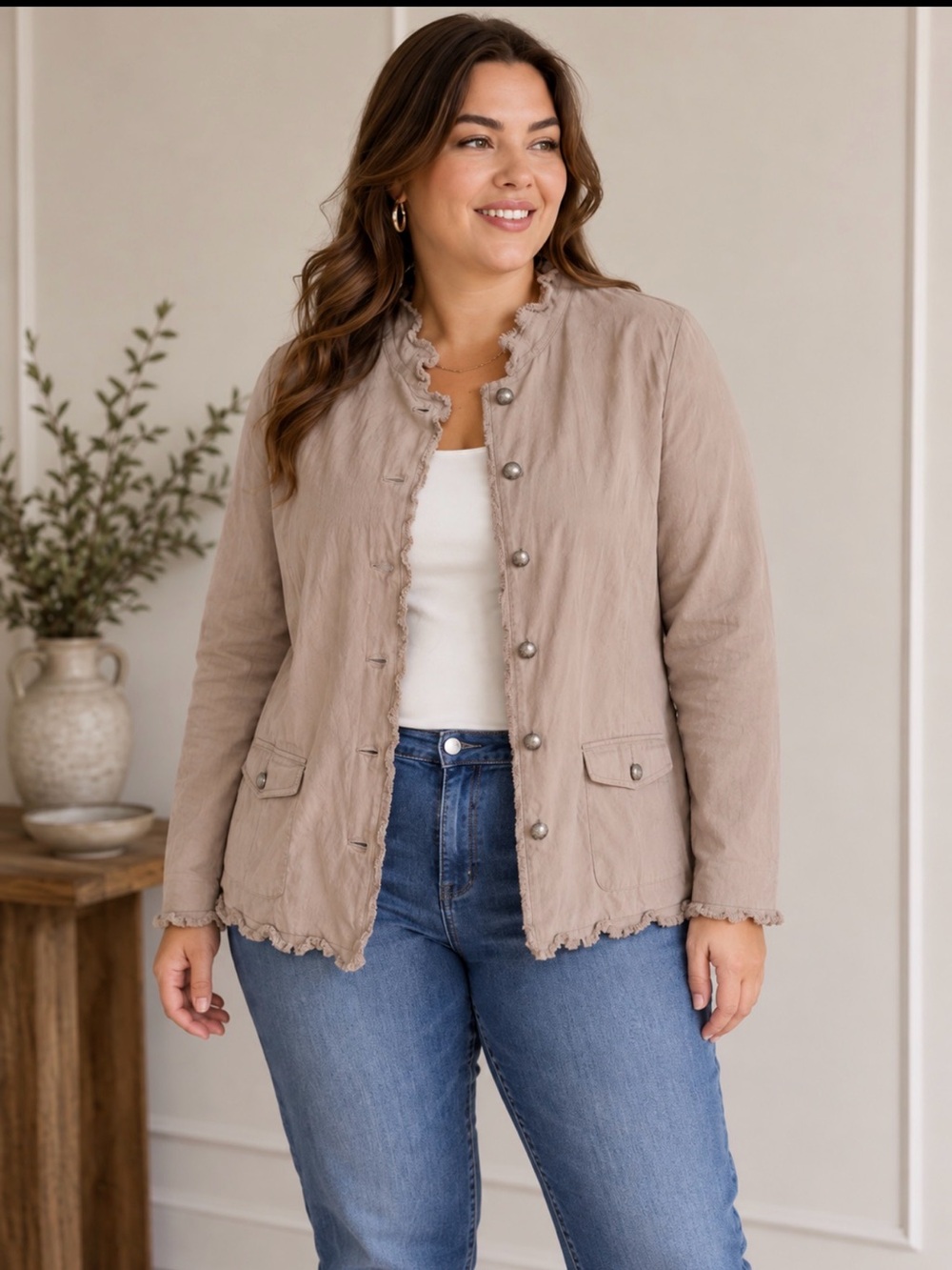 Baccini Size 18/20 Taupe Frayed Trim Collarless Utility Jacket